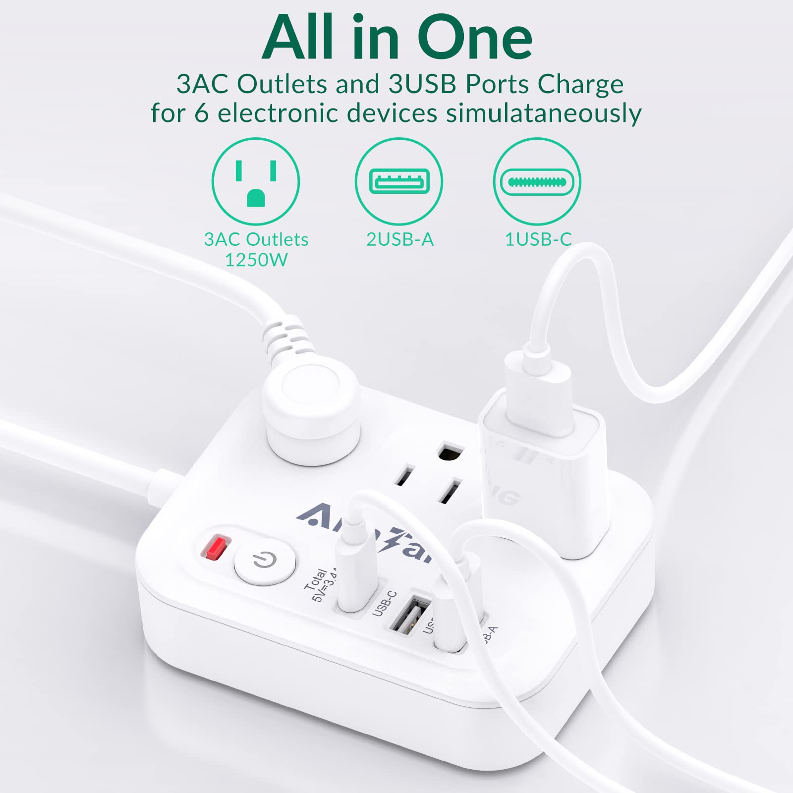 Power Strip Surge Protector with USB-C (3.0A), 5 ft Flat Extension Cord, Power Strip with 3 Outlets 3 USB Ports (5V/3.4A), Desktop Charging Station, Compact for Home,Travel,Office(White 1 Pack)