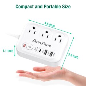 Power Strip Surge Protector with USB-C (3.0A), 5 ft Flat Extension Cord, Power Strip with 3 Outlets 3 USB Ports (5V/3.4A), Desktop Charging Station, Compact for Home,Travel,Office(White 1 Pack)