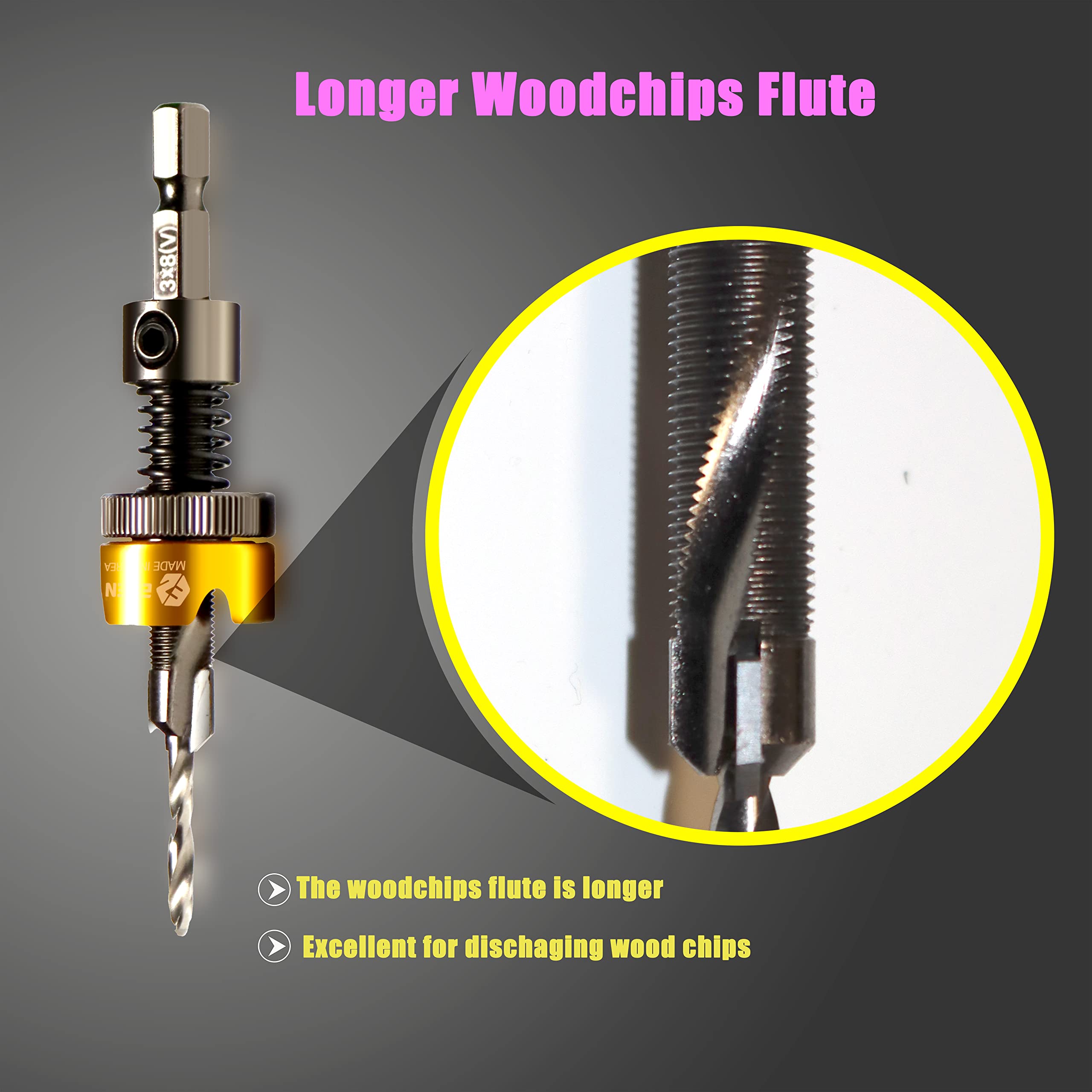 Adjustable Depth Countersink Drill Bit_Self-Adjusting Depth Control Without Wrench, Preventing Scratches Or Marks by Stopper Mounted Bearing, Tungsten Carbide Tipped Counterbore_5/32"x25/64" (4x10mm)