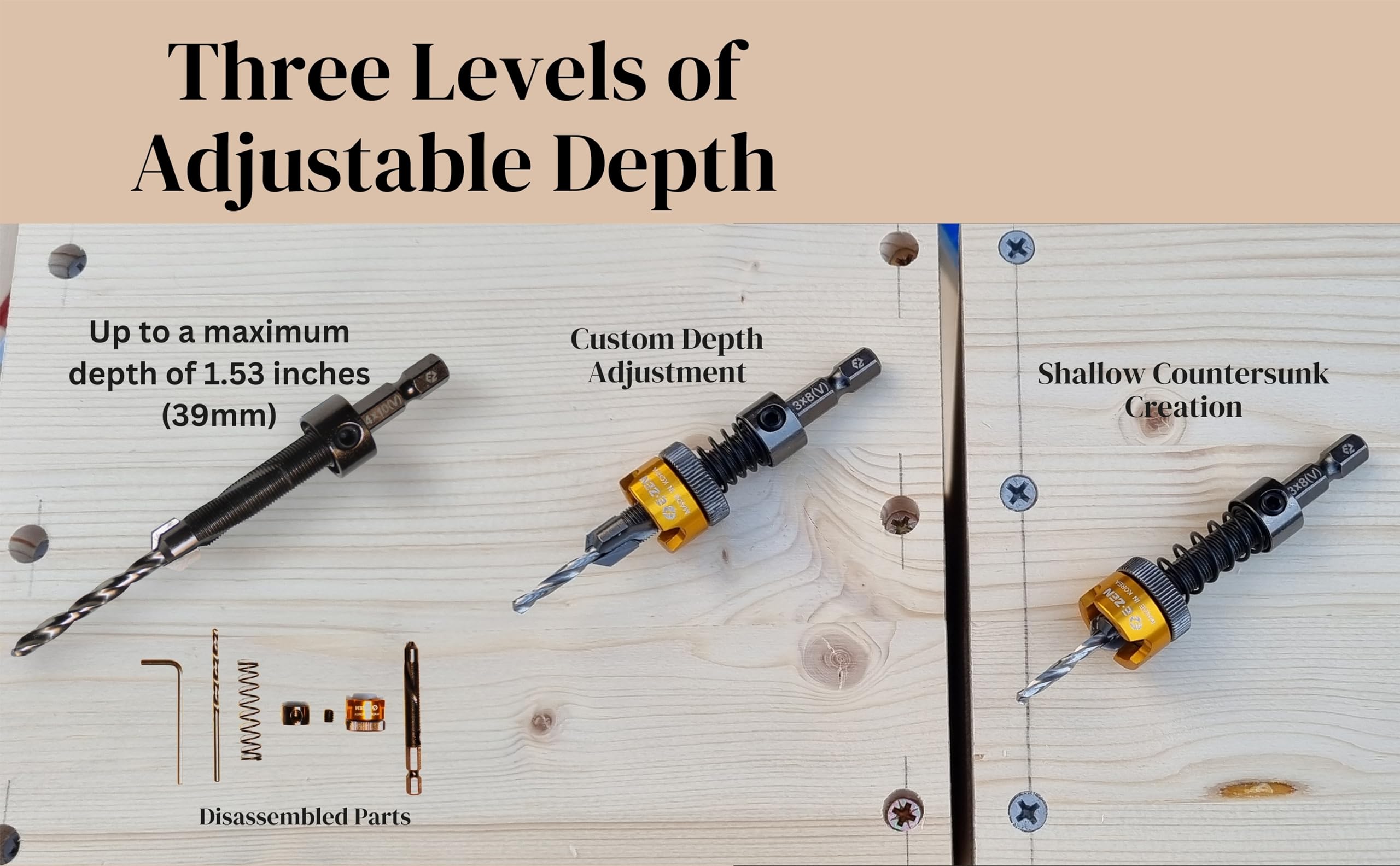 Adjustable Depth Countersink Drill Bit_Self-Adjusting Depth Control Without Wrench, Preventing Scratches Or Marks by Stopper Mounted Bearing, Tungsten Carbide Tipped Counterbore_5/32"x25/64" (4x10mm)