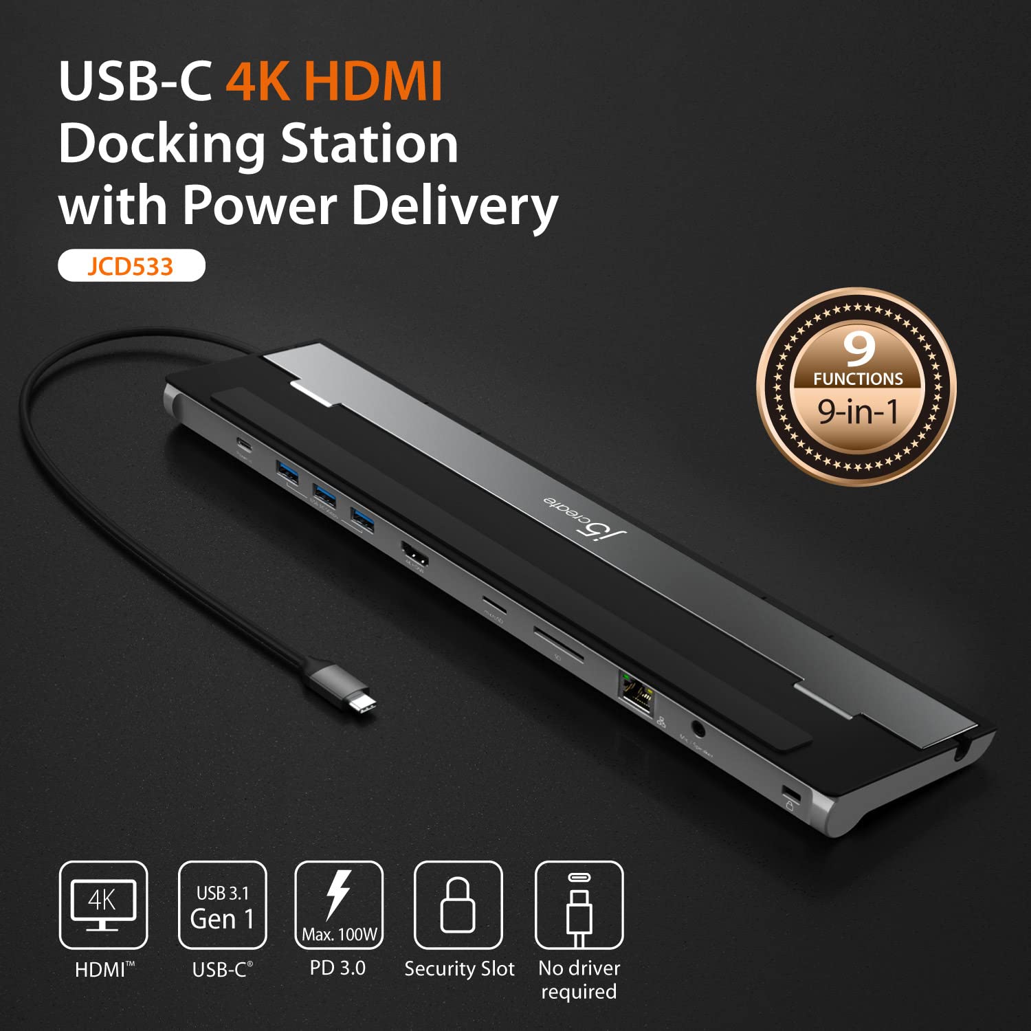 j5create USB-C 4K HDMI Docking Station (9-in-1), 4K HDMI, 5Gbps USB-A x3, Card Reader, PD 100W, Gigabit Ethernet, Combo Audio Jack, for MacBook, and Windows USB-C Laptop (JCD533)