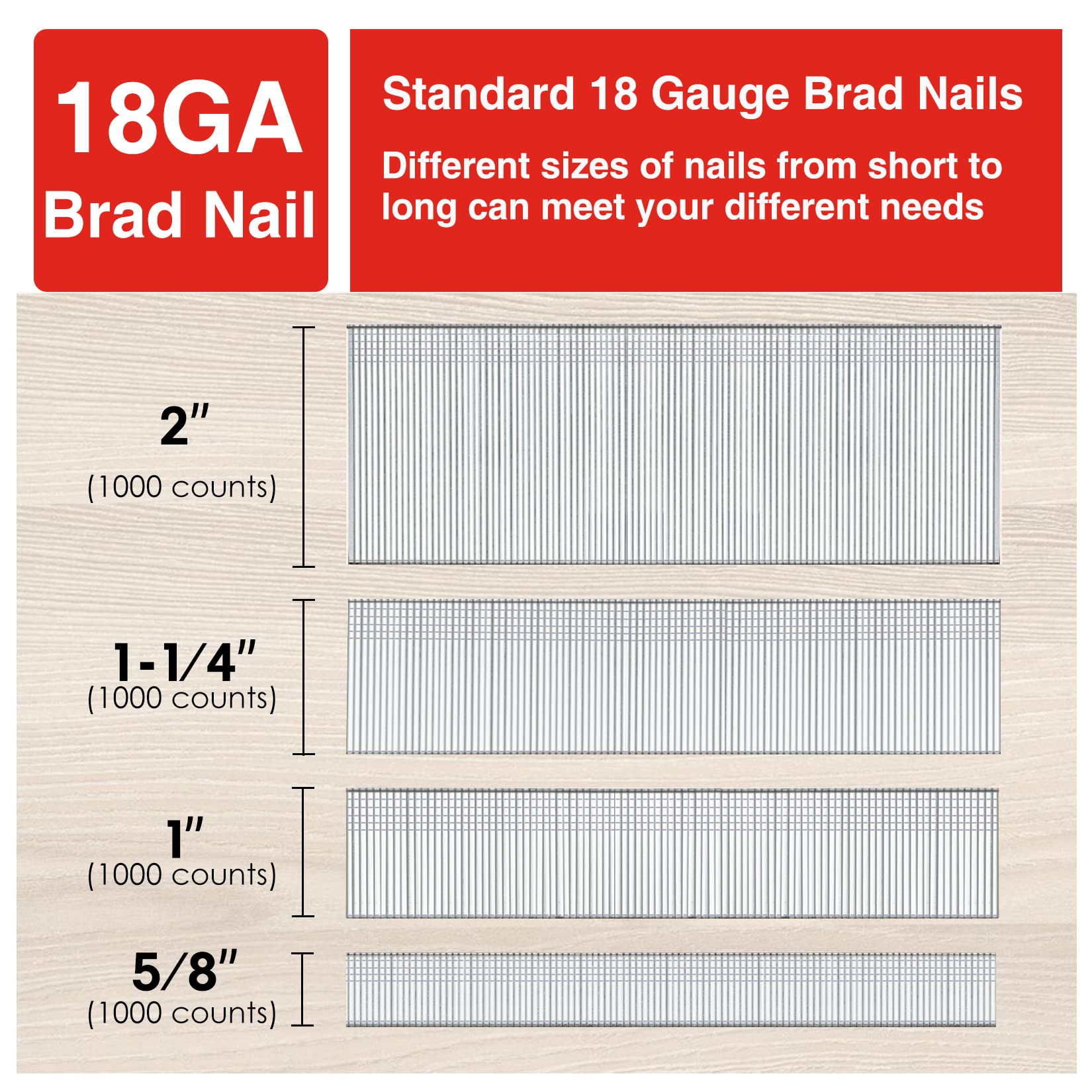 SHALL 18 Gauge Brad Nails, 2”, 1-1/4”, 1”, 5/8 Inch, 4000-Count Galvanized Brad Nails Assorted, 18GA Nail Gun Nails and Small Finishing Nails Assortment for Pneumatic, Electric Brad Nailer Gun