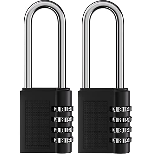 KEIULINE 4 Digit Outdoor Waterproof Long Combination Lock for School Gym Locker, Gate, Yard，Fence Locks 2 Pack Small Black Combo Padlock