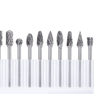 Yoption 10Pcs Double Cut Tungsten Carbide Rotary Burrs Set, with 3mm (1/8 Inch) and 6 mm (1/4 Inch) Head for Wood & Stone Working, Drilling, Steel Metal Carving, Polishing, Engraving