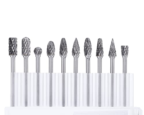 Yoption 10Pcs Double Cut Tungsten Carbide Rotary Burrs Set, with 3mm (1/8 Inch) and 6 mm (1/4 Inch) Head for Wood & Stone Working, Drilling, Steel Metal Carving, Polishing, Engraving