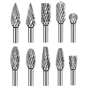 yoption 10pcs double cut tungsten carbide rotary burrs set, with 3mm (1/8 inch) and 6 mm (1/4 inch) head for wood & stone working, drilling, steel metal carving, polishing, engraving