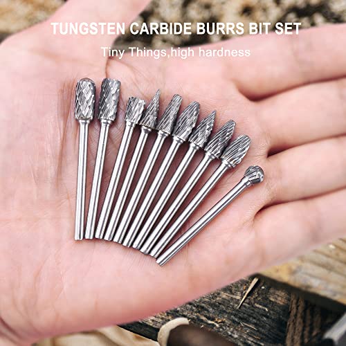 Yoption 10Pcs Double Cut Tungsten Carbide Rotary Burrs Set, with 3mm (1/8 Inch) and 6 mm (1/4 Inch) Head for Wood & Stone Working, Drilling, Steel Metal Carving, Polishing, Engraving