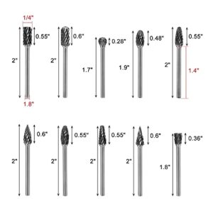 Yoption 10Pcs Double Cut Tungsten Carbide Rotary Burrs Set, with 3mm (1/8 Inch) and 6 mm (1/4 Inch) Head for Wood & Stone Working, Drilling, Steel Metal Carving, Polishing, Engraving