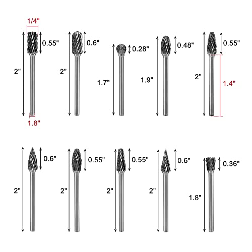 Yoption 10Pcs Double Cut Tungsten Carbide Rotary Burrs Set, with 3mm (1/8 Inch) and 6 mm (1/4 Inch) Head for Wood & Stone Working, Drilling, Steel Metal Carving, Polishing, Engraving