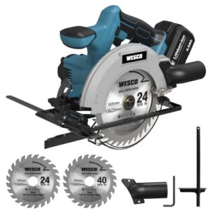 wesco 20v cordless circular saw, 6-1/2 inch electric power saw with 4.0ah battery & fast charger, speed 4000rpm, max cutting depth 2-5/64", 2pcs tct saw blades for woodworking