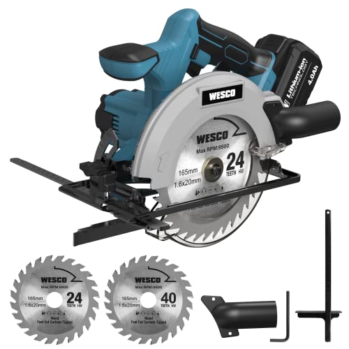 WESCO 20V Cordless Circular Saw, 6-1/2 Inch Electric Power Saw with 4.0Ah Battery & Fast Charger, Speed 4000RPM, Max Cutting Depth 2-5/64", 2pcs TCT Saw Blades for Woodworking