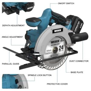 WESCO 20V Cordless Circular Saw, 6-1/2 Inch Electric Power Saw with 4.0Ah Battery & Fast Charger, Speed 4000RPM, Max Cutting Depth 2-5/64", 2pcs TCT Saw Blades for Woodworking