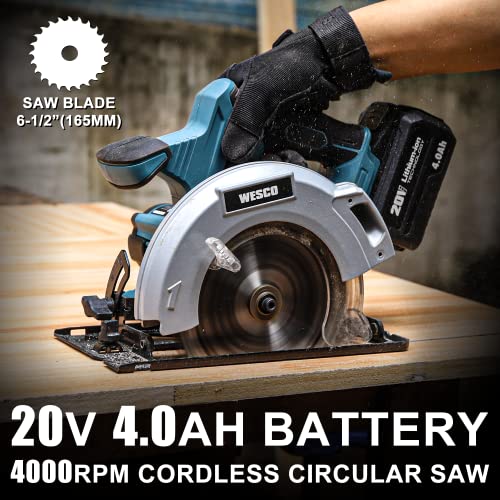 WESCO 20V Cordless Circular Saw, 6-1/2 Inch Electric Power Saw with 4.0Ah Battery & Fast Charger, Speed 4000RPM, Max Cutting Depth 2-5/64", 2pcs TCT Saw Blades for Woodworking