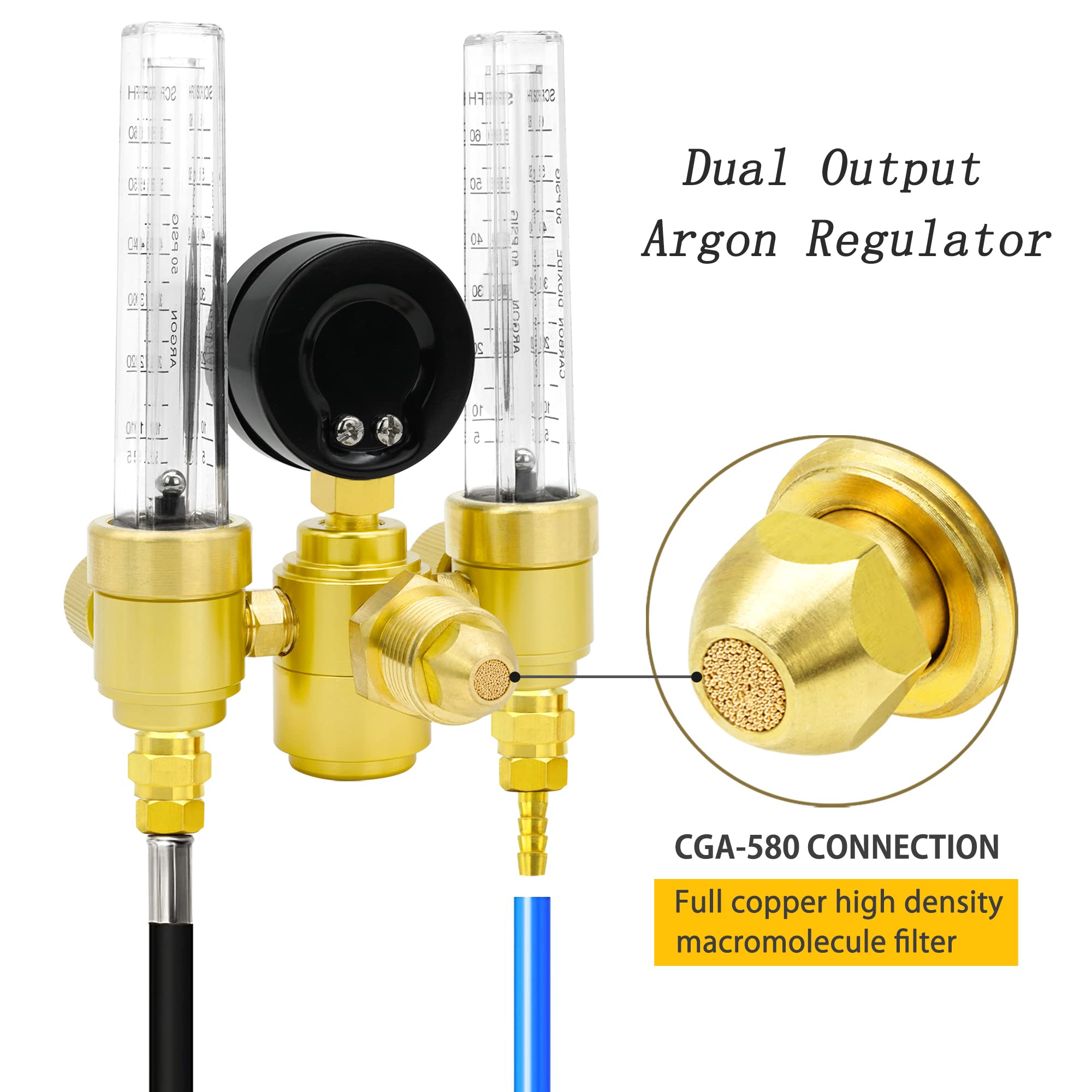 OYHBO Dual Output Argon Regulator Flow Meter for Tig Mig Welding Welder CGA-580 Inlet