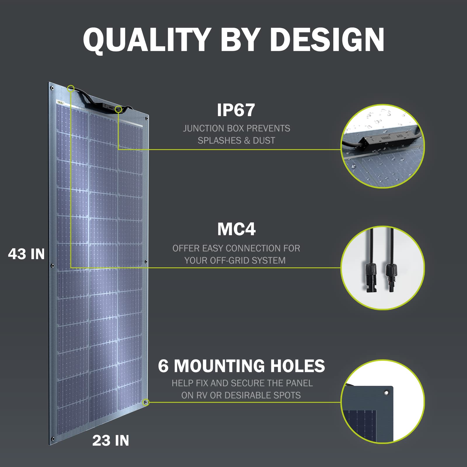 HQST 100W 12V Flexible Monocrystalline Solar Panel,9BB 100 Watts Mono Solar Panel,Polished PET Coating,23% High Efficiency Module PV Power,IP67 Waterproof for RV Camper Van Boat Yacht Cabin Shed