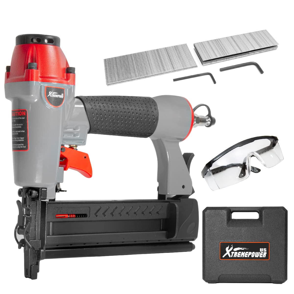 XtremepowerUS 44430 Nail Gun w/300pcs Nails & 200pcs Staples 2-in-1 Brad Nailer Crown Stapler 18 Gauge Nail Gun Pneumatic Air Tools