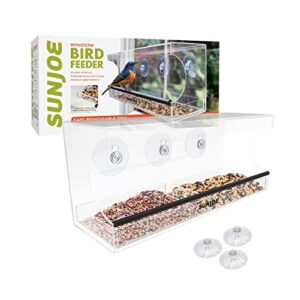 sun joe sj-wbf-wn outdoor window bird feeder for wild birds, bluebirds, cardinals, and others w/ 3 heavy duty suction cups, 2 sliding seed trays, drain holes, clear