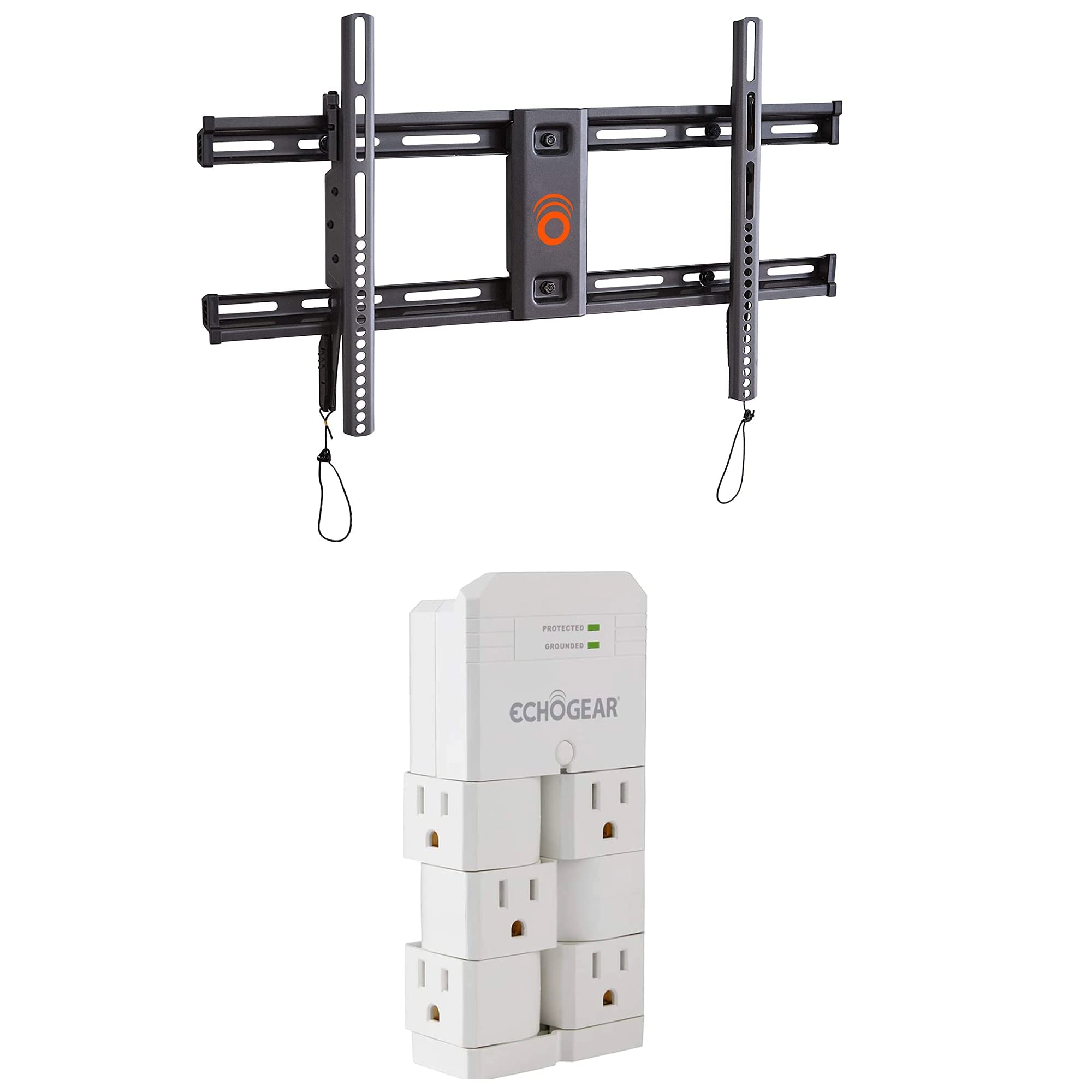 ECHOGEAR TV Wall Mount for TVs Up to 90" & On-Wall Surge Protector with 6 Pivoting Outlets - Low Profile Design - Easy Install