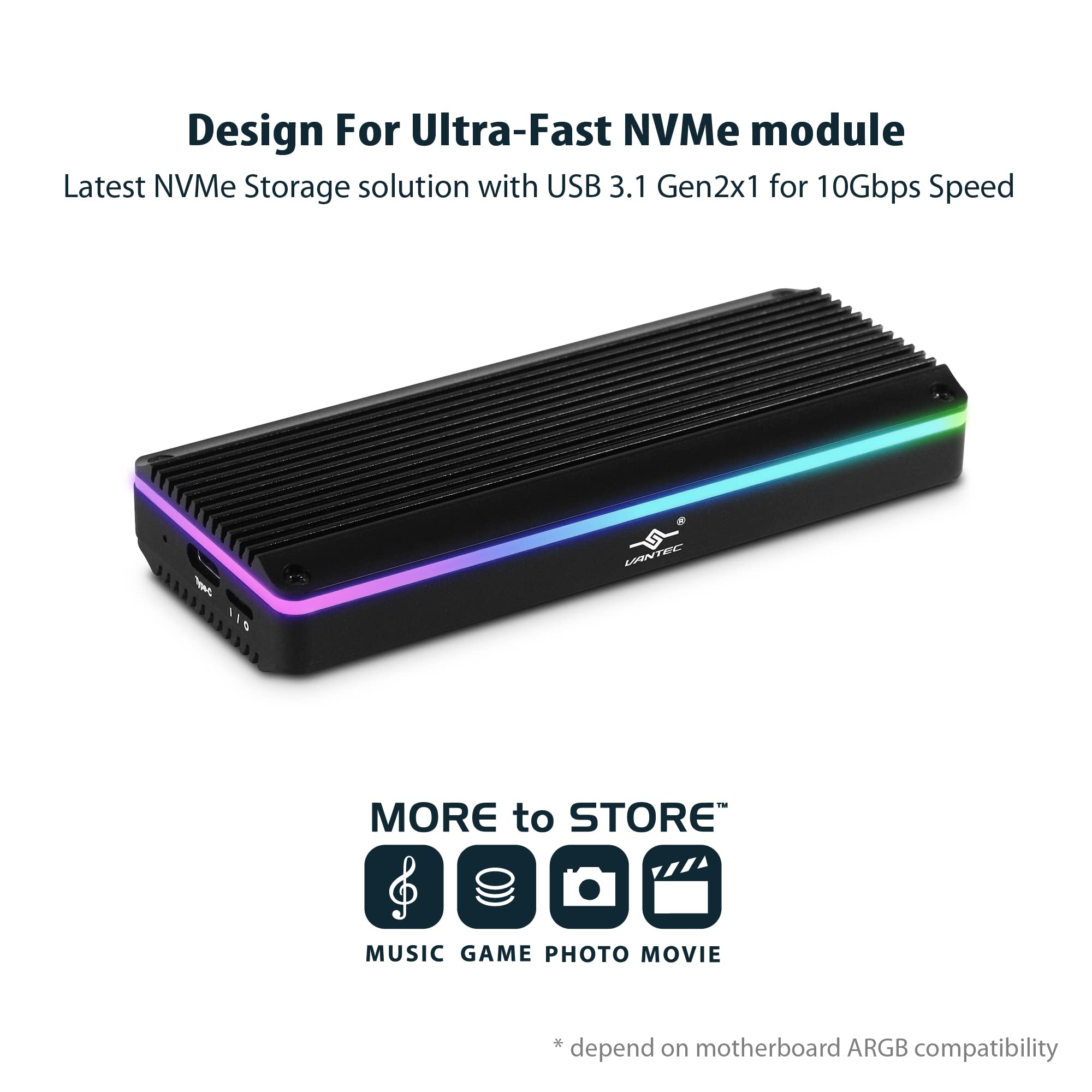 Vantec M.2 NVMe SSD to USB 3.1 Gen 2x1 Type C Syncable RGB Enclosure (NST-210C3-RGB), Small and Portable,Black