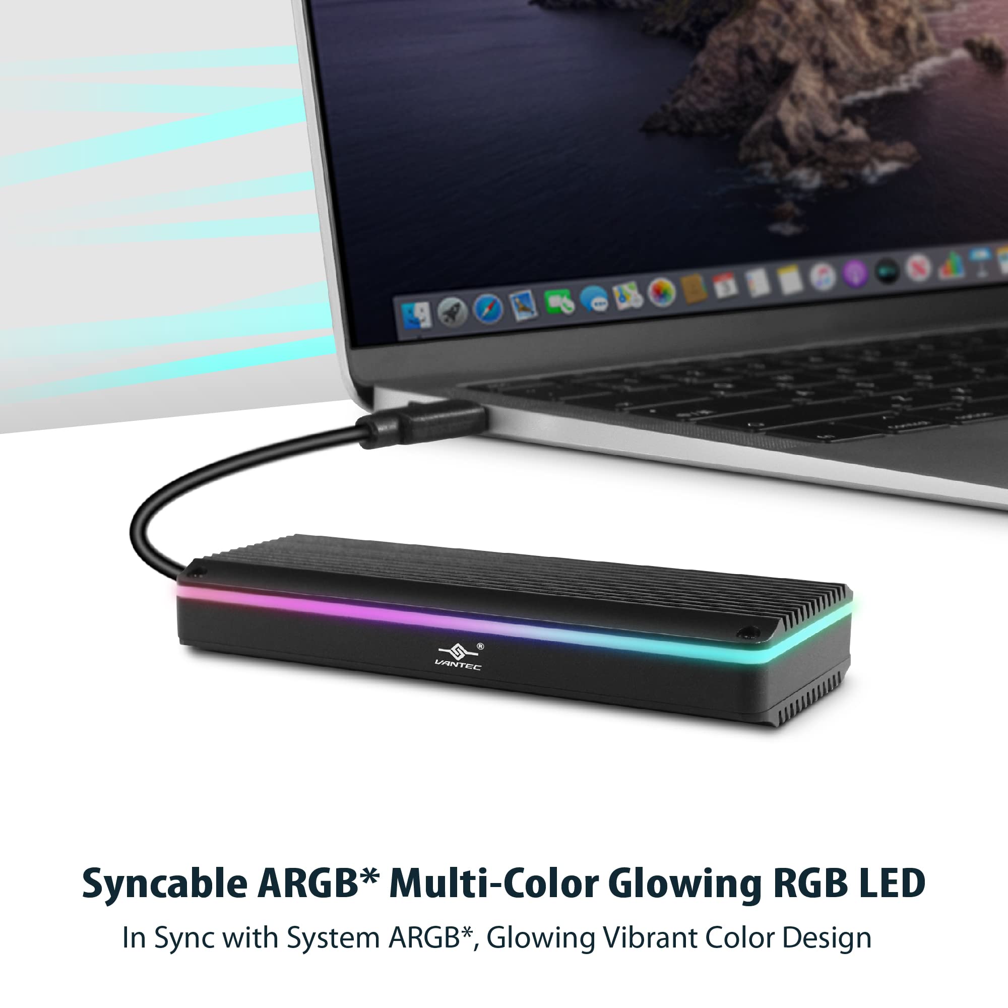 Vantec M.2 NVMe SSD to USB 3.1 Gen 2x1 Type C Syncable RGB Enclosure (NST-210C3-RGB), Small and Portable,Black