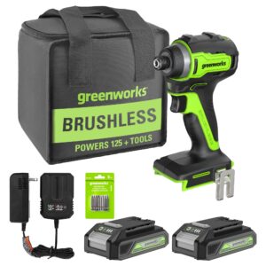 greenworks 24v brushless cordless impact driver kit, 1950 in./lbs torque, 1/4'' hex collet, variable speed, 2×2ah batteries with 2a charger, led light, 8pcs drill/driver bits with tool bag