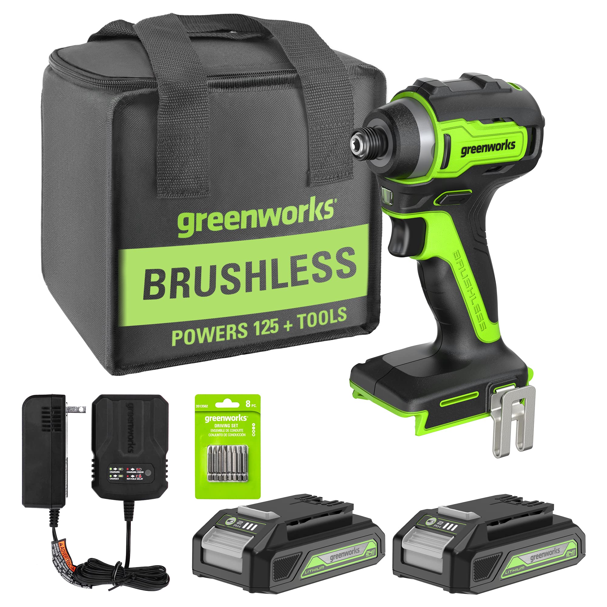 Greenworks 24V Brushless Cordless Impact Driver Kit, 1950 in./lbs Torque, 1/4'' Hex Collet, Variable Speed, 2×2Ah Batteries with 2A Charger, LED Light, 8pcs Drill/Driver Bits with Tool Bag