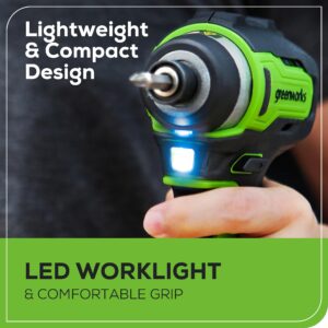 Greenworks 24V Brushless Cordless Impact Driver Kit, 1950 in./lbs Torque, 1/4'' Hex Collet, Variable Speed, 2×2Ah Batteries with 2A Charger, LED Light, 8pcs Drill/Driver Bits with Tool Bag