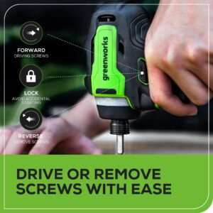 Greenworks 24V Brushless Cordless Impact Driver Kit, 1950 in./lbs Torque, 1/4'' Hex Collet, Variable Speed, 2×2Ah Batteries with 2A Charger, LED Light, 8pcs Drill/Driver Bits with Tool Bag