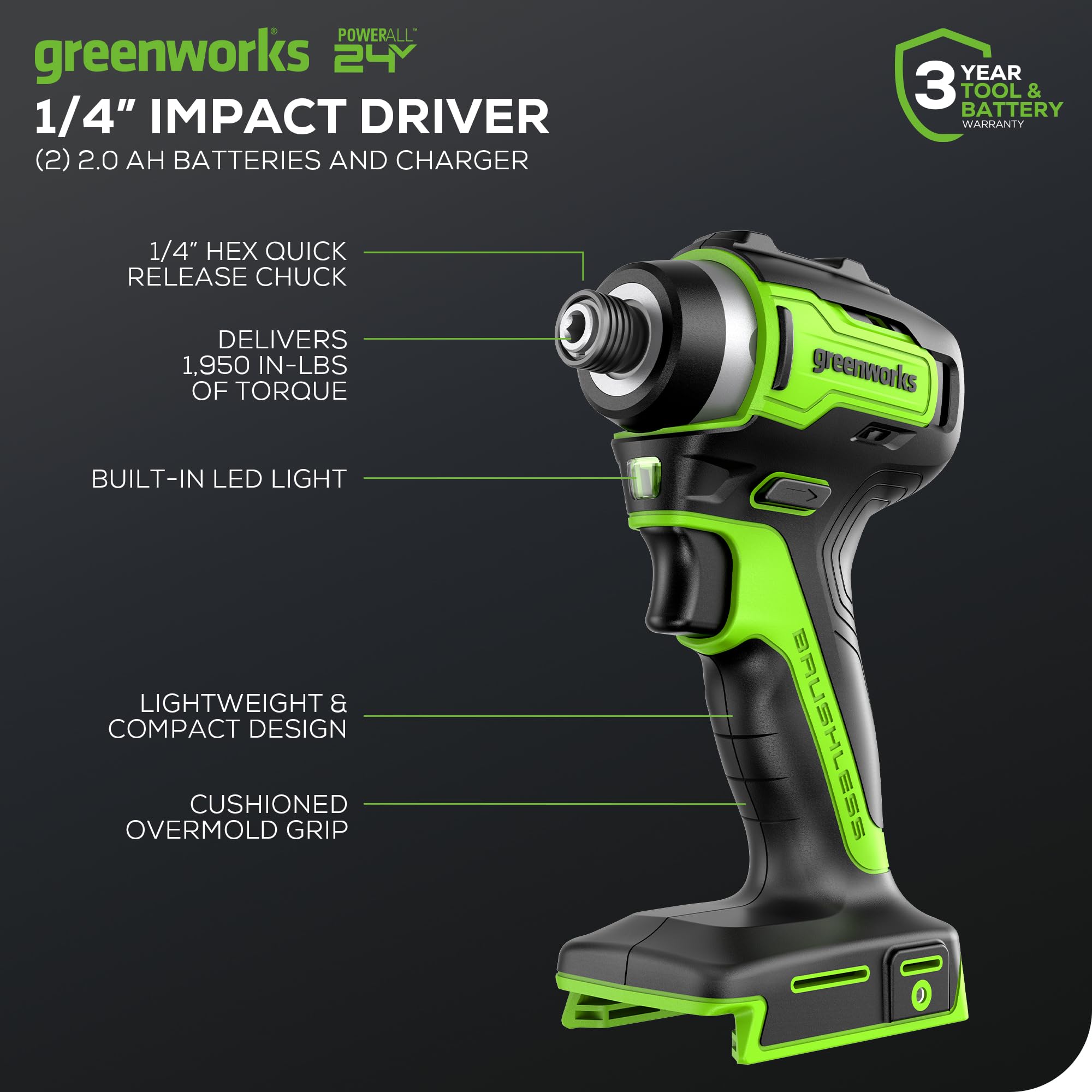 Greenworks 24V Brushless Cordless Impact Driver Kit, 1950 in./lbs Torque, 1/4'' Hex Collet, Variable Speed, 2×2Ah Batteries with 2A Charger, LED Light, 8pcs Drill/Driver Bits with Tool Bag