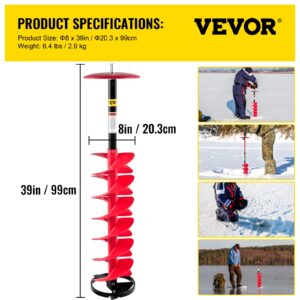 VEVOR Ice Drill Auger, 8" Diameter Nylon Ice Auger, 39" Length Ice Auger Bit,Auger Drill with 11.8" Extension Rod,Auger Bit w/Drill Adapter,Top Plate & Blade Guard for Ice Fishing Ice Burrowing Red