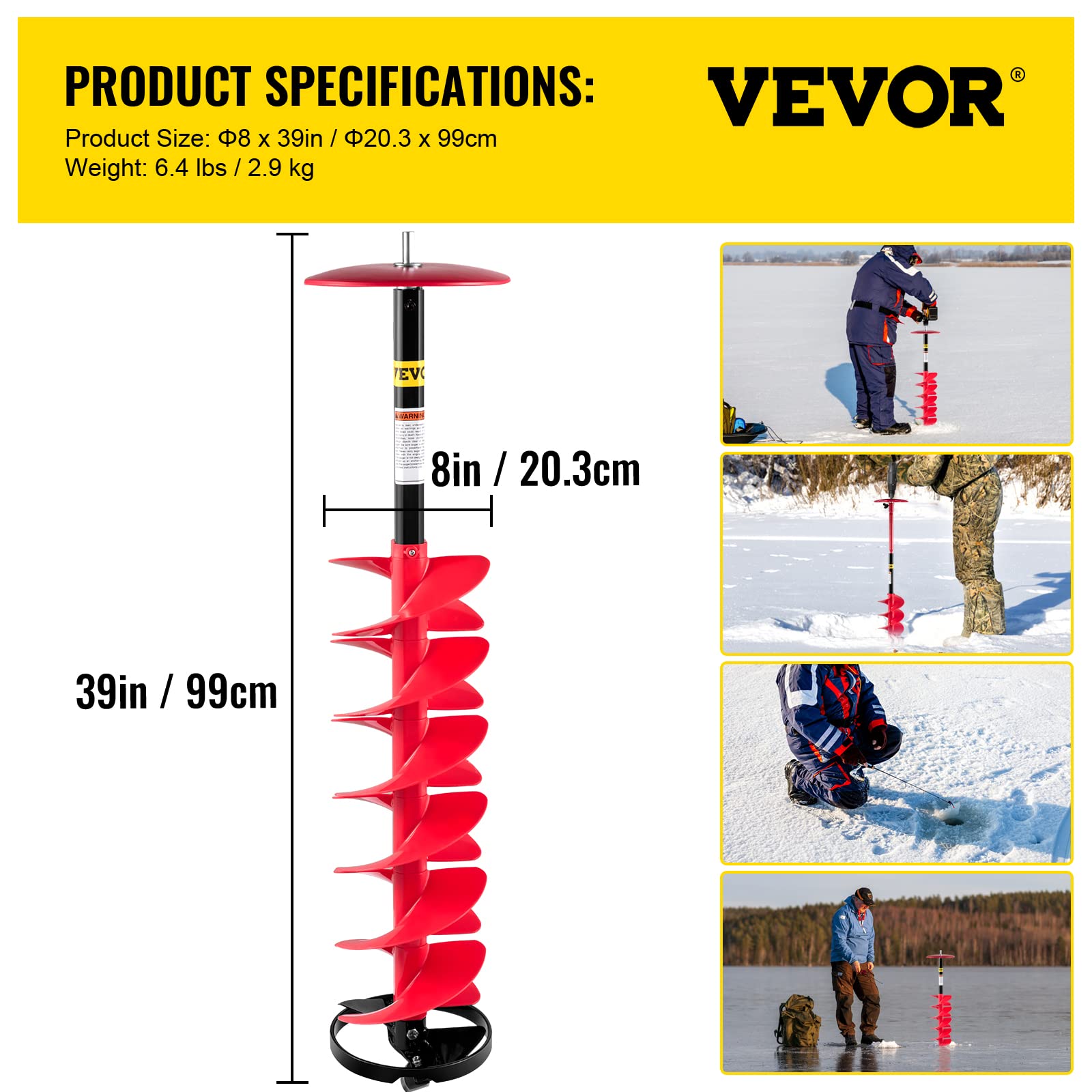 VEVOR Ice Drill Auger, 8" Diameter Nylon Ice Auger, 39" Length Ice Auger Bit,Auger Drill with 11.8" Extension Rod,Auger Bit w/Drill Adapter,Top Plate & Blade Guard for Ice Fishing Ice Burrowing Red