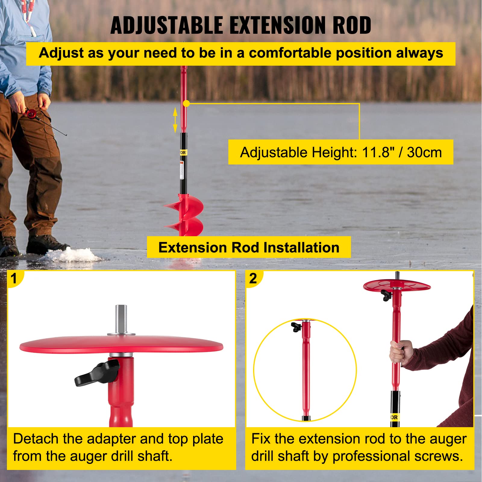 VEVOR Ice Drill Auger, 8" Diameter Nylon Ice Auger, 39" Length Ice Auger Bit,Auger Drill with 11.8" Extension Rod,Auger Bit w/Drill Adapter,Top Plate & Blade Guard for Ice Fishing Ice Burrowing Red