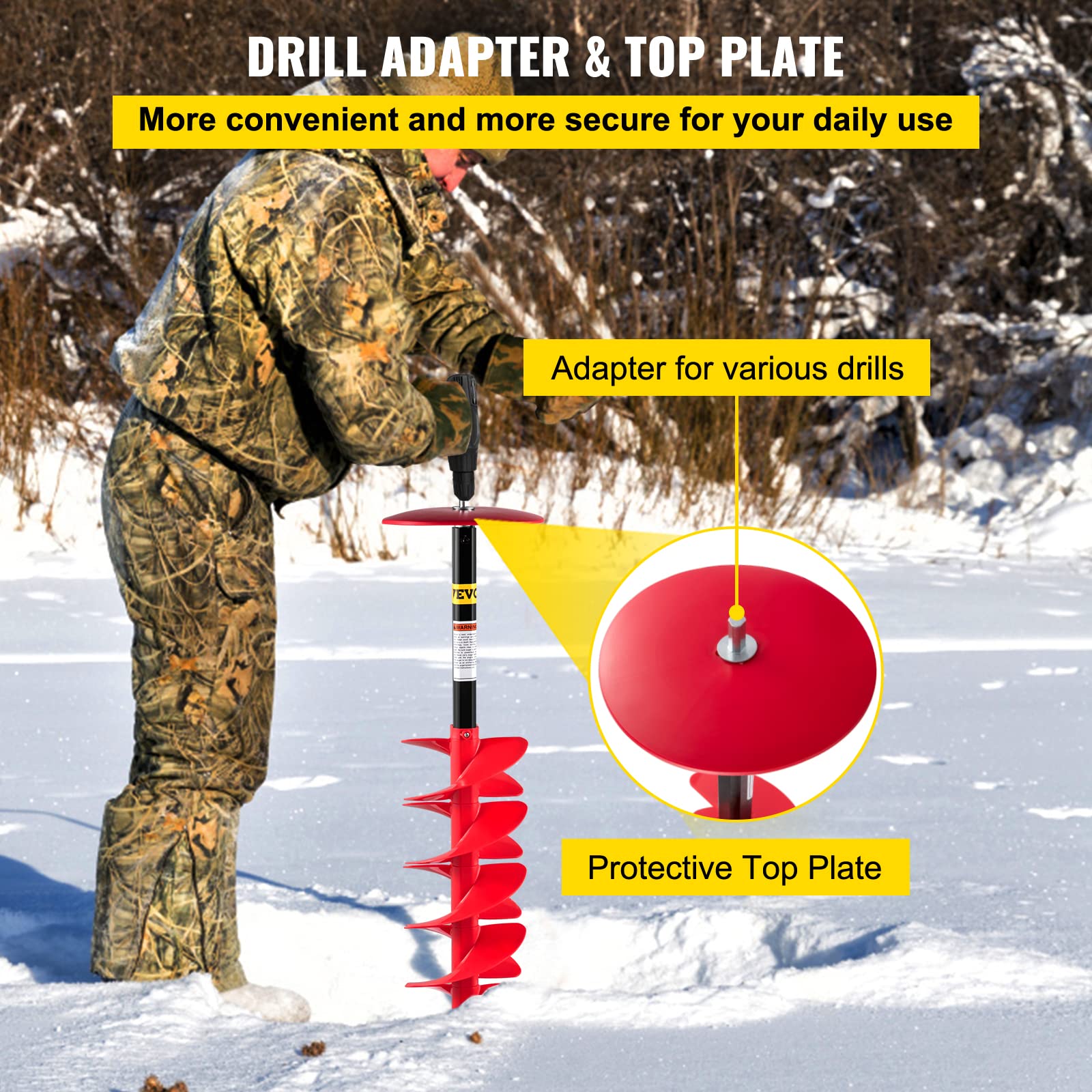 VEVOR Ice Drill Auger, 8" Diameter Nylon Ice Auger, 39" Length Ice Auger Bit,Auger Drill with 11.8" Extension Rod,Auger Bit w/Drill Adapter,Top Plate & Blade Guard for Ice Fishing Ice Burrowing Red