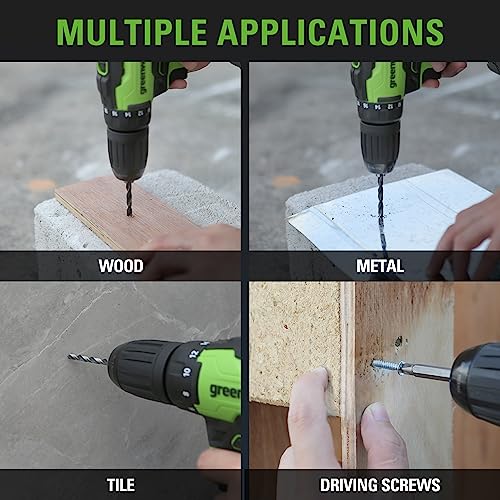 Greenworks 24V Brushless Cordless Drill Kit, 310 in./lbs, 18+1 Position Clutch, 1/2 '' Keyless Chuck, Variable Speed, (2)2Ah Batteries with 2A Charger, LED Light, 8pcs Drill Bits with Tool Bag