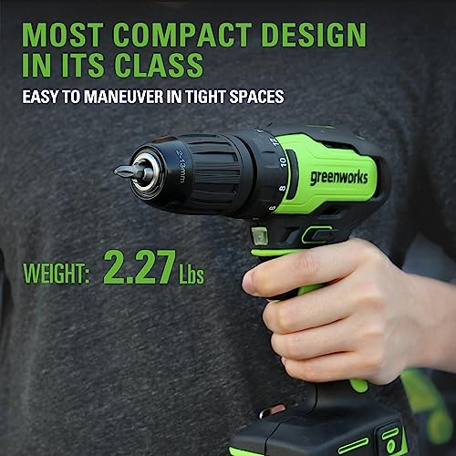 Greenworks 24V Brushless Cordless Drill Kit, 310 in./lbs, 18+1 Position Clutch, 1/2 '' Keyless Chuck, Variable Speed, (2)2Ah Batteries with 2A Charger, LED Light, 8pcs Drill Bits with Tool Bag