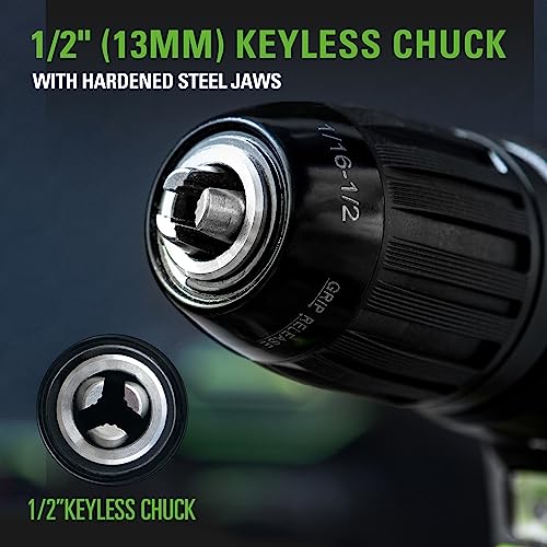 Greenworks 24V Brushless Cordless Drill Kit, 310 in./lbs, 18+1 Position Clutch, 1/2 '' Keyless Chuck, Variable Speed, (2)2Ah Batteries with 2A Charger, LED Light, 8pcs Drill Bits with Tool Bag