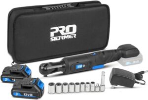 prostormer cordless electric ratchet wrench set 55ft-lbs, 3/8" 12v max power ratchet kit with 2-pack 2.0ah lithium-ion batteries, fast charger, 8 sockets and storage bag