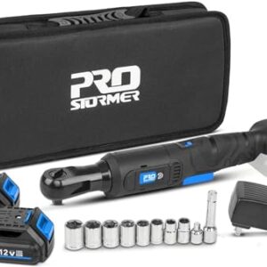 Prostormer Cordless Electric Ratchet Wrench Set 55Ft-lbs, 3/8" 12V Max Power Ratchet Kit with 2-Pack 2.0Ah Lithium-Ion Batteries, Fast Charger, 8 Sockets and Storage Bag