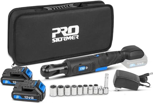 Prostormer Cordless Electric Ratchet Wrench Set 55Ft-lbs, 3/8" 12V Max Power Ratchet Kit with 2-Pack 2.0Ah Lithium-Ion Batteries, Fast Charger, 8 Sockets and Storage Bag