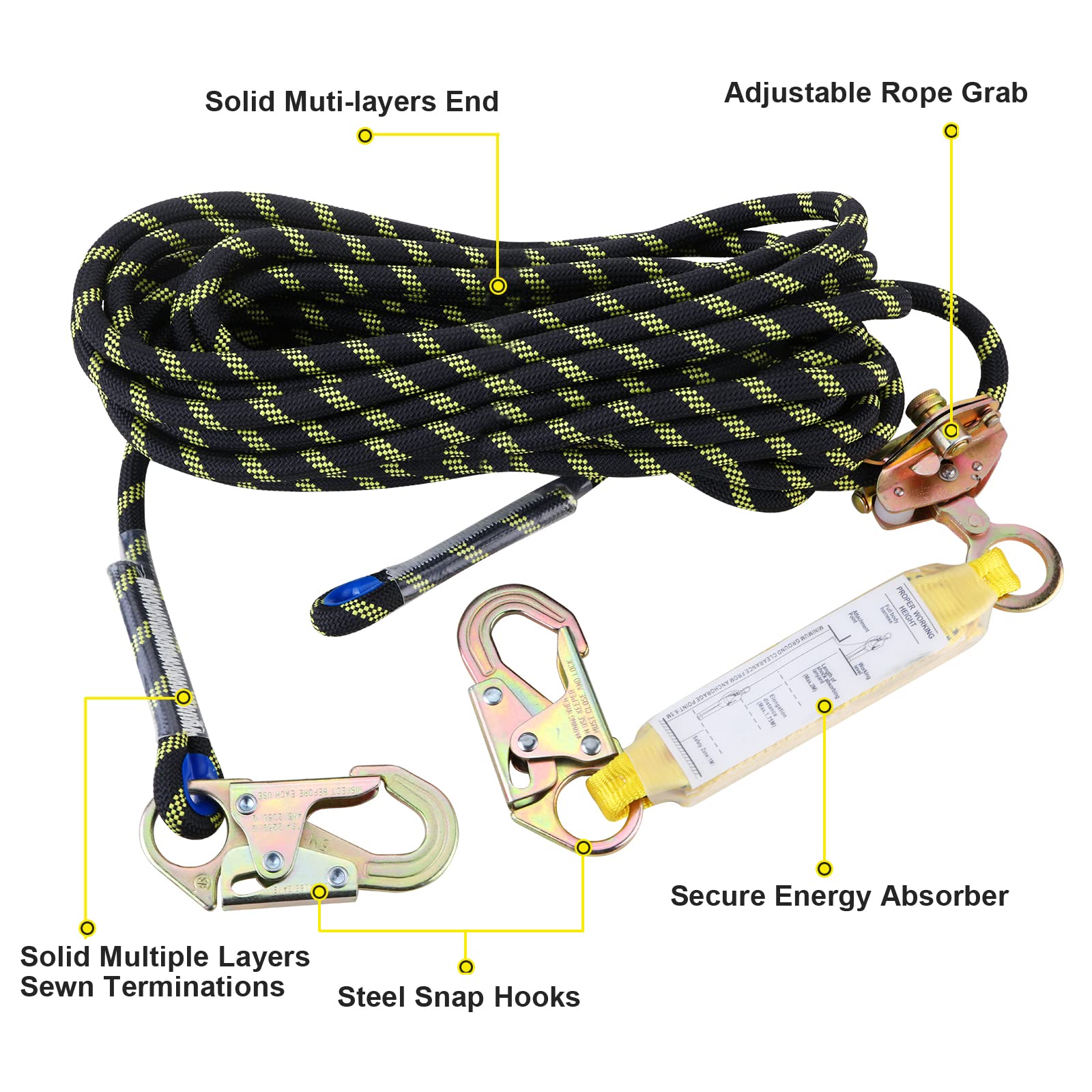 Vertical Lifeline Rope Assembly 25 ft with Rope Grab Snap Hooks Shock Absorber CE Standard for Fall Protection Roofing Safety Equipment Tools Rope Kits