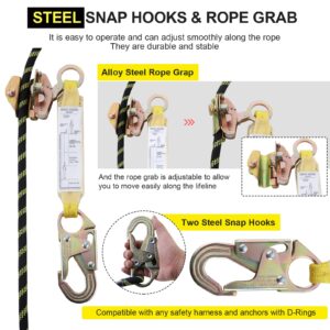 Vertical Lifeline Rope Assembly 25 ft with Rope Grab Snap Hooks Shock Absorber CE Standard for Fall Protection Roofing Safety Equipment Tools Rope Kits