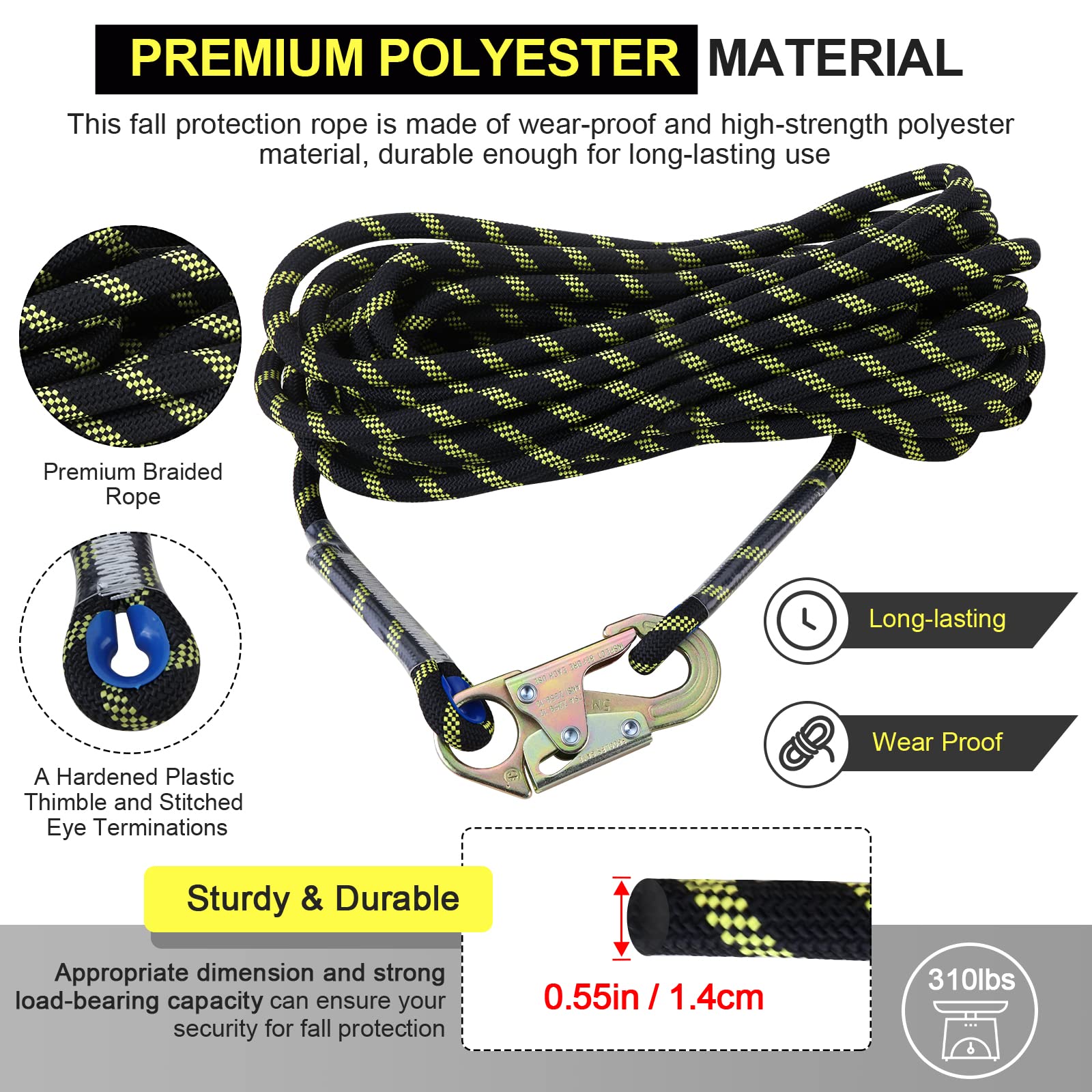 Vertical Lifeline Rope Assembly 25 ft with Rope Grab Snap Hooks Shock Absorber CE Standard for Fall Protection Roofing Safety Equipment Tools Rope Kits