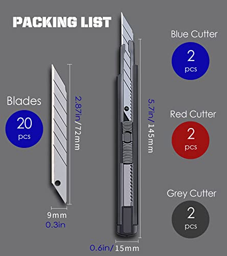 URASISTO 6 Pack Utility knife Retractable with 30 Degree Snap Off Blade Lockable Cardsharp Box Cutter Knife with Extra 20 Sharp Blades for Heavy Duty Office, Home, Arts Crafts, Hobby