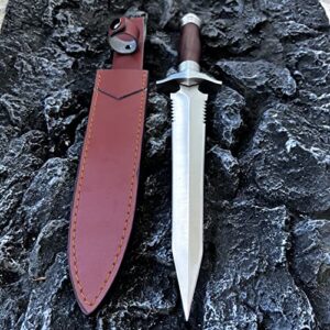 MADSABRE Fixed Blade Hunting Knife Saber with Leather Sheath, 15 Inches Outdoor Survival Tactical Knives, Double Edged Serrated Dagger Wood Handle