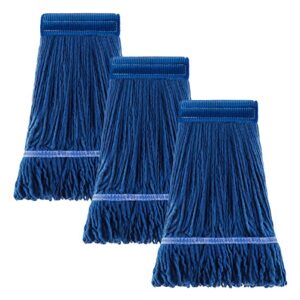 3 pack,string cotton mop heads, rope mop heads, heavy duty commercial mop heads, wet industrial blue cotton ring end replacement mop heads, industrial mop heads, machine washable (blue)