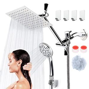 cosyland rainfall shower head with handheld combo high pressure 9 settings with 11'' extension arm, stainless steel bath showerhead shower hose, height/angle adjustable (8 inches, silver)