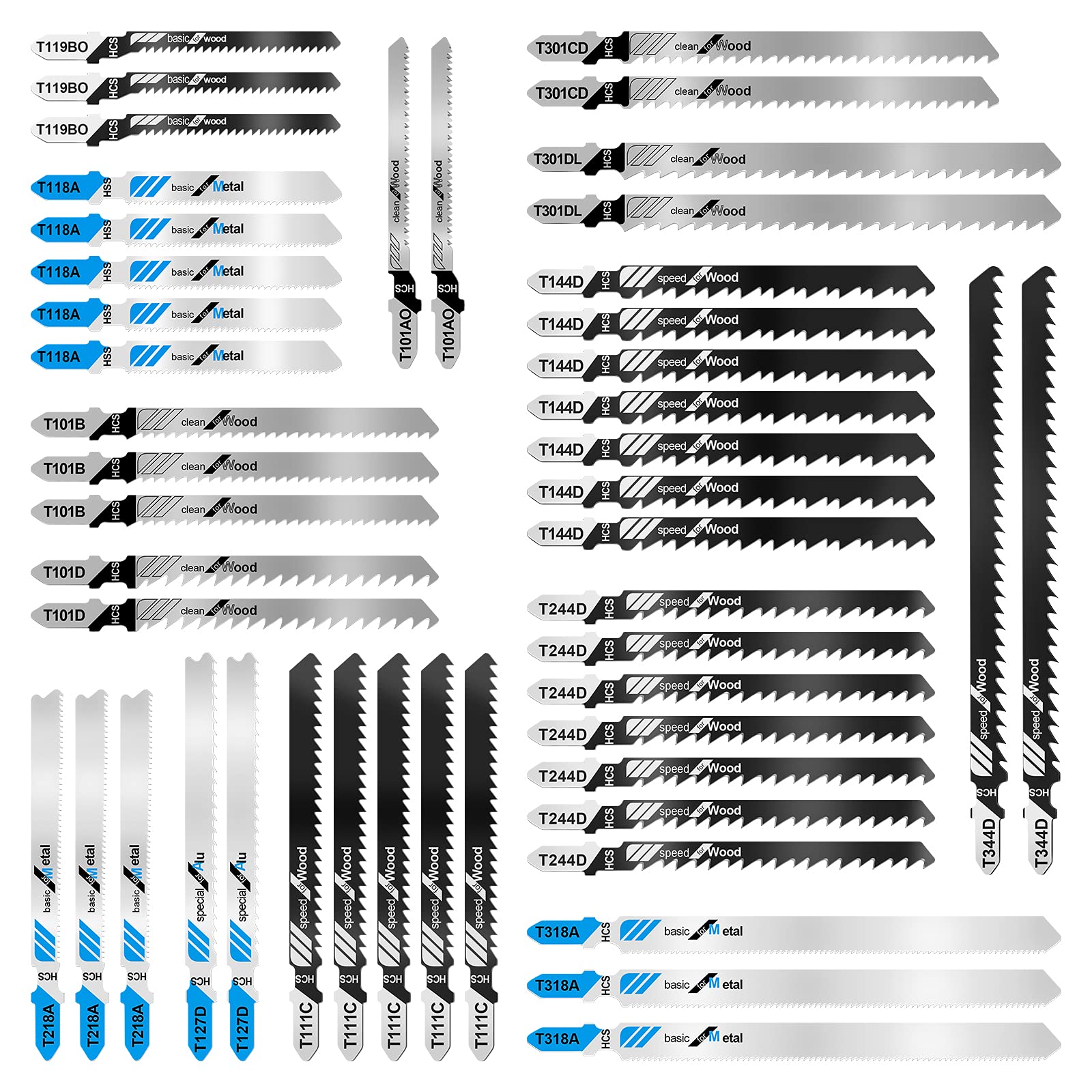 Jigsaw Blades Set 48pcs,Contractor Assorted T Shank Jig Saw Blades,Multi-Purpose HCS/HSS Saw Blades for Cutting Wood,Plastic,Metal