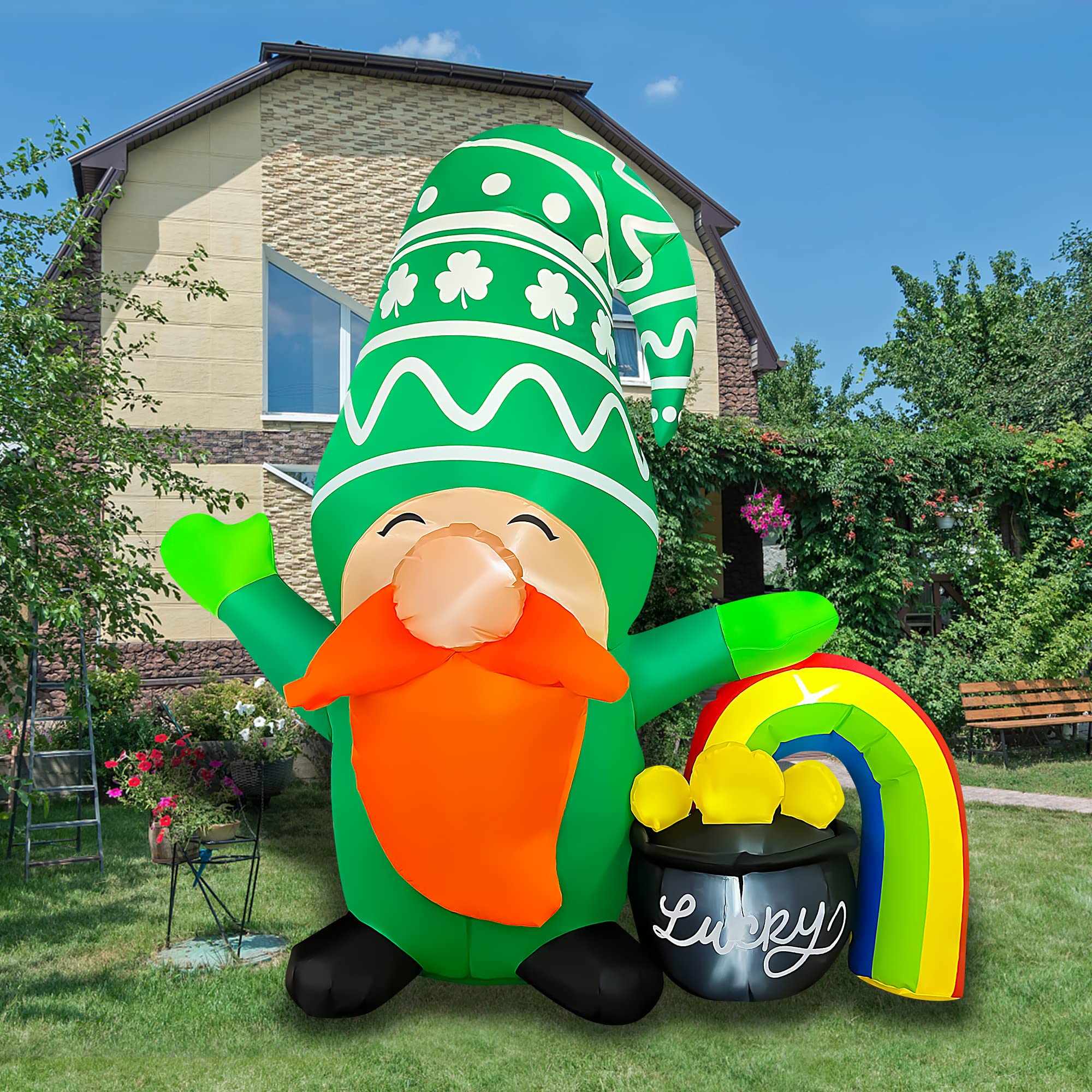 JOYEASE 5Ft Inflatable St Patricks Day Gnome with Rainbow Pot of Gold Decoration, LED Light Up Blow up Gnome for Home Yard Lawn Garden Indoor Outdoor Party Holiday Decor