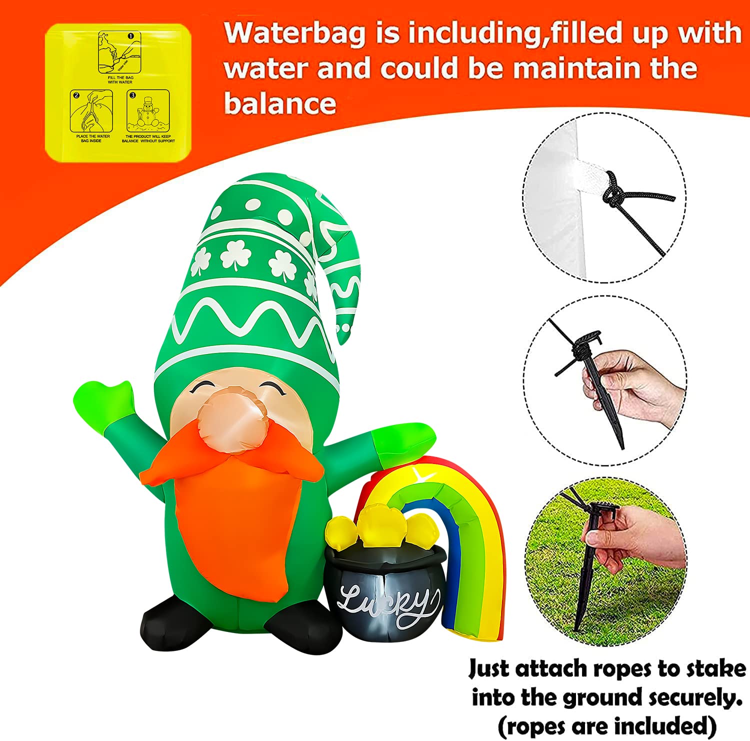 JOYEASE 5Ft Inflatable St Patricks Day Gnome with Rainbow Pot of Gold Decoration, LED Light Up Blow up Gnome for Home Yard Lawn Garden Indoor Outdoor Party Holiday Decor