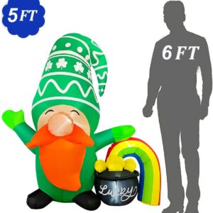 JOYEASE 5Ft Inflatable St Patricks Day Gnome with Rainbow Pot of Gold Decoration, LED Light Up Blow up Gnome for Home Yard Lawn Garden Indoor Outdoor Party Holiday Decor